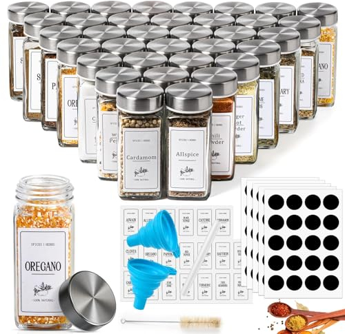 36 Pack Spice Jars with Square Stainless Steel Lids, 120ml Kitchen Spice Containers with Label , Pen, Hose Brush, 2 Silicone Funnels, for Home Kitchen Spice, Seasonings, Condiments, Herbs Storage