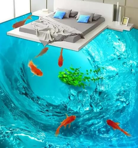 Wasserdichte Bodenwandmalerei Schönes klares Wasser fisch Badezimmer Schlafzimmer 3D-Boden PVC Wasserdichter Boden,300cmX210cm