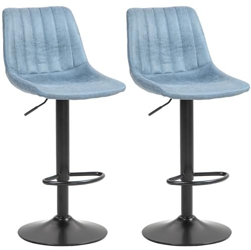 HOMCOM Modern Bar Stools Set of 2, Height Adjustable Swivel Bar Chairs with Backrest, Gas Lift and Footrest, Leathaire Barstools for Breakfast Counter, Kitchen Island, Blue