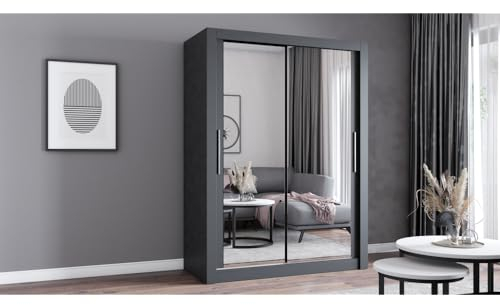 Fabryka Mebli Idźczak Kleiderschrank mit Spiegel - Schwebetürenschrank - Schlafzimmerschrank - 64 x 150 x 215 cm - Wohnzimmerschrank - Garderobenschrank, Grauer Schrank mit Zwei Türen, modern