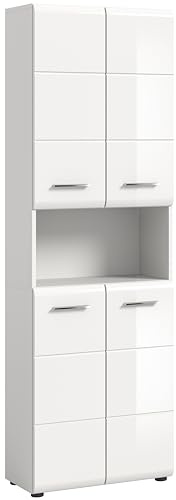 furnling Hochschrank Ivy, weiß Hochglanz, 1 offenes Fach, 4 Türen, Badezimmerschrank mit 4 verstellbaren Einlegeböden, Höhe 185 cm
