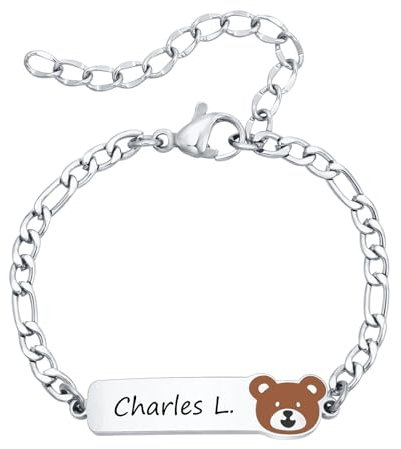 Baby Armband mit Namen Taufarmband Mädchen Junge - Personalisierte Namensarmband mit Gravur Kinderarmband mit Telefonnummer Individuelle Armbänder für Geburt Taufe Geschenke Silber Bär