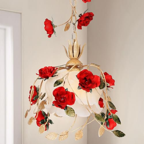 Fabbrica Lampada a sospensione a forma di fiore francese Isola della cucina Illuminazione a sospensione grande Vetro di latte Lampada a sospensione floreale a soffitto con rosa rossa Lampadario modern