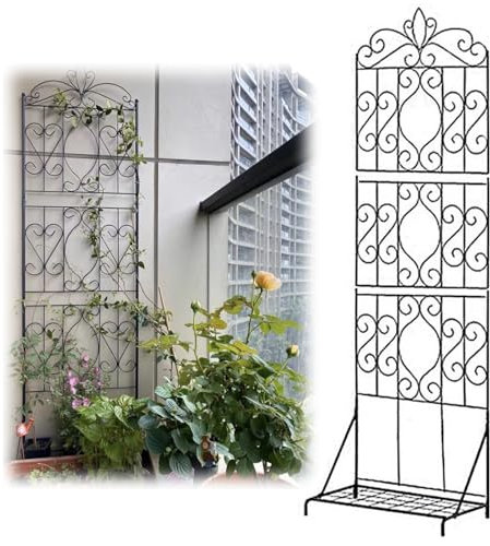 Treillis de jardin en fer forgé avec support en métal de base pour plantes de vigne et décoration florale de cour (noir)