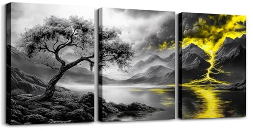 Loussiesd Natur Baum des Lebens 3er Poster Set für Schlafzimmer Wohnzimmer Moderne Wandbilder Grau Gelb Kunstdrucke Moderne Wandbilder hängen Bilder für Büro Dekor Natur Landschaft Bad Plakate