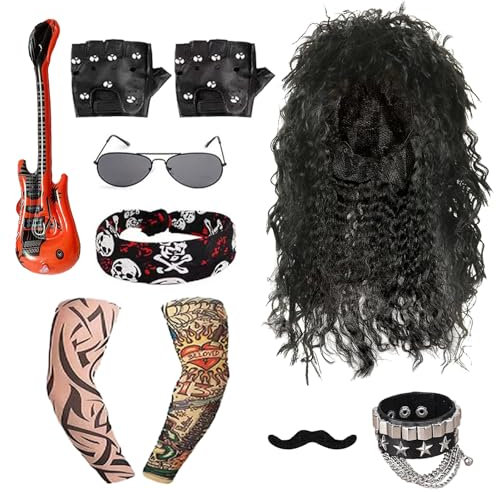 Rock Perücke Herren 8er Set 80er Jahre Outfit Perücke Herren Schwarz, Punk Perücke Herren,Sonnenbrillen,Schnurrbart,Kopftücher,Handschuhe,Tätowierte Ärmel,Gitarren,Armband Kit Verkleidung Zubehör