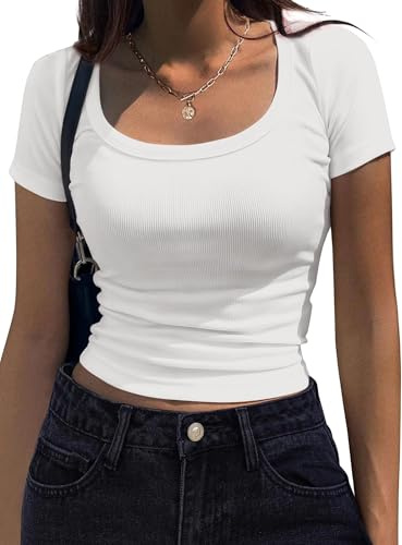 Women Basic Short Sleeve Crop Tops Slim Fitted Crew Neck Ribbed Knit T Shirt Summer Blouse Top White