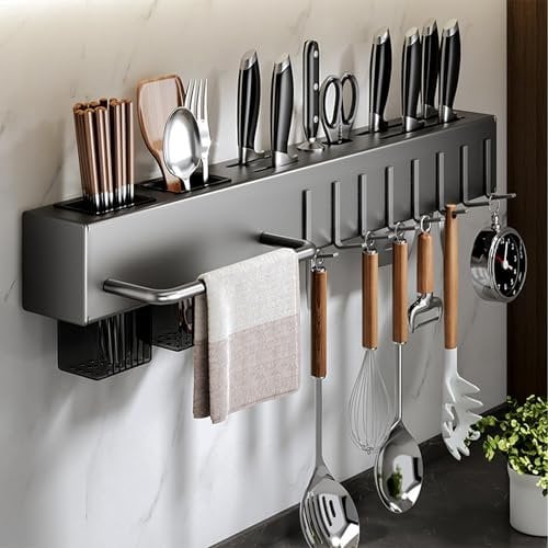 acfeco Hakenleiste Küche Edelstahl, Küchenutensilienhalter, Küchenregal Wand Ohne Bohren, mit 10 Haken und 3 Besteckkorb, Küchenleiste Selbstklebend Platzsparende