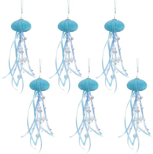 GORGECRAFT 6 Stück Seeigel Qualle Ornament Küstenperlen Strandthema Weihnachtsbaum Dekor Ozean Hängequallen Dekoration Mit Kristall Und Band Für Wand/Fensterlicht Hellhimmelblau