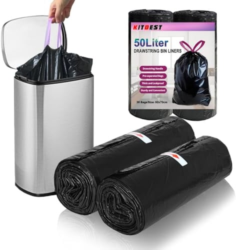 KITBEST 50L Black Bin Bags Liners (36 Bags) - Thick Recycled Rubbish Bag with Drawstring Swing Tie Handle, Leak-Proof Plastic Refuse Sacks Large Trash Waste Bag for 30-50 Litre Bin, 60x70cm