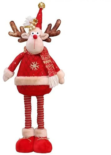 Weihnachts-Elch Dekofigur mit ausziehbaren Teleskop-Beinen Stofffigur mit Fell, Schal & Mütze stehende Weihnachtsdeko für Treppe Wohnzimmer Eingang Geschenk