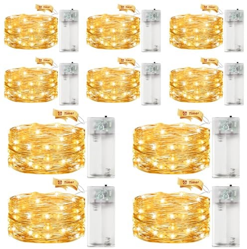 10 Stk Led Lichterkette Batterie mit Timer, 2M 20 LED Micro Kupferdraht LED Lichterkette mit Timer, Warmweiß Lichterketten Innen Batteriebetrieben für Weihnachten, Halloween, Silvester, Hochzeit Deko