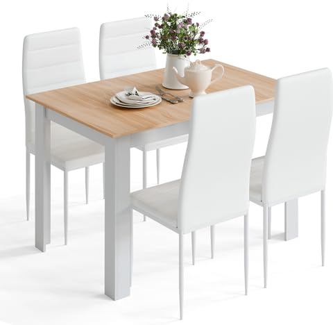 Mondeer Esstisch mit 4 Stühlen Set, Essgruppe mit Hochlehner Kunstleder Stuhl für Küche Esszimmer Wohnzimmer, W120 x D80 x H75 cm, Weiß und Eiche
