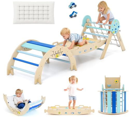 Olakids Pikler Dreieck Set, 13 in 1 Astronauten Thema Faltbar Holz Montessori Kleinkind Klettern Spielzeug Indoor mit Kissen Rampe Bogen Leiter Netz