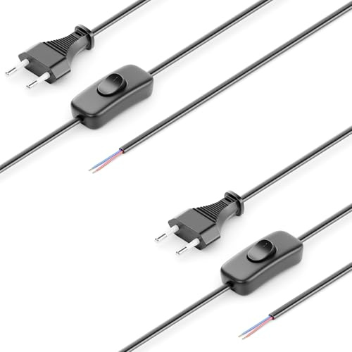 deleyCON 2m Euro-Netzkabel mit Schalter, 2 Stück - Schwarz | Stromkabel, Ersatzkabel, Anschlusskabel, Zuleitung mit flachem Typ C Euro Stecker, für Leuchten, Lampen und Leuchtmittel