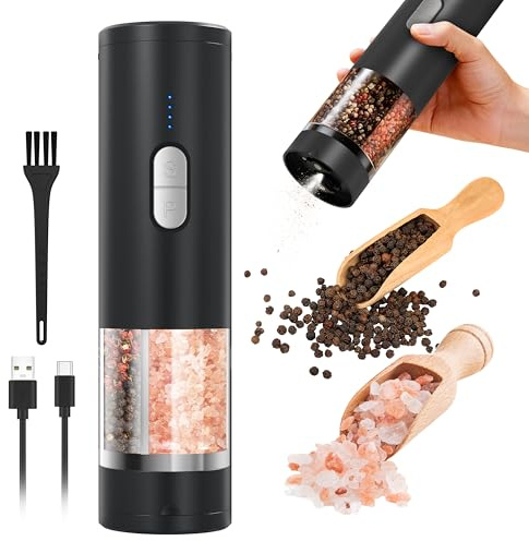 Juego de molinillo eléctrico de sal y pimienta 2 en 1 (recargable por USB), molinillo automático de sal y pimienta con iluminación LED, funcionamiento con una sola mano, grosor ajustable, perfecto