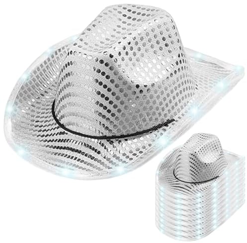 Xoeryoy Leuchtender Cowboyhut, 10 Stück LED, silberfarben, Disco-Pailletten, Cowboyhut, Cowgirl-Rollenspiel für Hochzeitsfeier