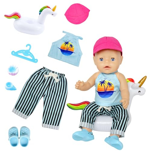 Zouonou Puppenkleidung Schwimmset für 35–45 cm Puppen, 8 Stück Schwimm-Set für Puppen, Badeanzug Puppen Set, Sommer Puppen Outfit mit Schwimmring Hut Hausschuhe Zubehör, Strand Kleidung Geschenk