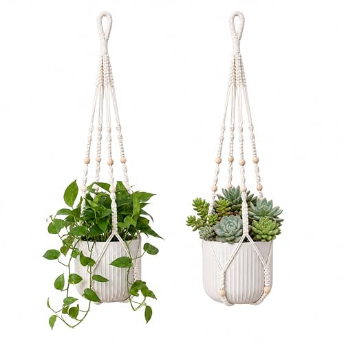 URMONA Makramee-Blumenampel 2er-Set, 90 cm aus Baumwolle, hängend, Weiß | Platzsparende Hängeampel für Blumentöpfe, ideal als Boho Fensterdeko und Zimmerdeko im Wohnzimmer oder auf dem Balkon