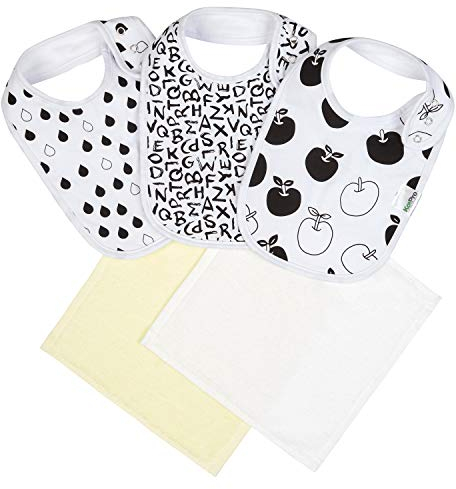 Ko&Pro Baby-Lätzchen 5er Set | 3x große Kleinkind-Lätzchen 27x22 cm + 2x 100% Bambus Tücher 25x25 cm | Perfekt geeignet für Mädchen & Jungen als Sabberlätzchen, Spucklätzchen, Essen-Latz, Waschlappen