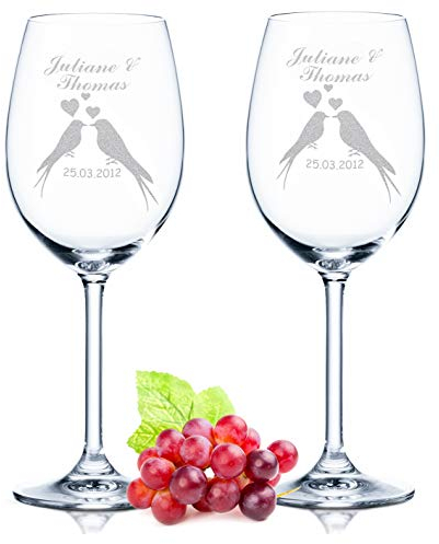 GRAVURZEILE Leonardo Weingläser - Wedding Bird Design im Set - graviert mit Wunschnamen & Datum - Geschenk zur Hochzeit, Verlobung & Jahrestag - ein perfektes Hochzeitsgeschenk