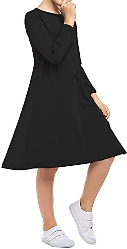 Kids Girls Swing Skater Dress Long Sleeve Flared Top Infants School Uniform Costume Fancy Dresses Party Formal 3-4 5-6 7-8 9-10 11-12 13 Years Winter Birthday World Book Day (11-12 Years, Black)