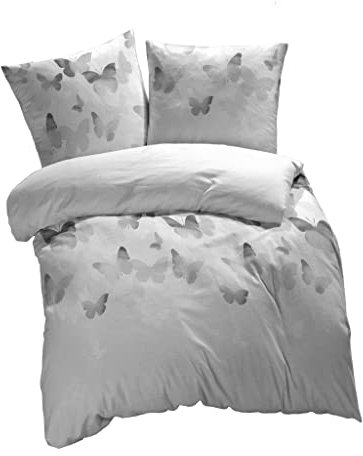 etérea Mako Satin Baumwolle Bettwäsche Schmetterlinge 140x200 2er Set - mit Reißverschluß - nach Oekotex 100 - Bettbezug mit Kissenbezug - 140 x 200 + 70 x 90 cm - Grau