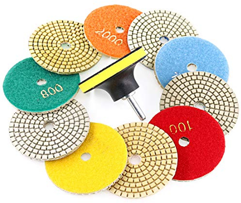 Swpeet 11-teiliges Diamant-Polierpad-Set, 10 Stück, 7,6 cm Nass-/Trocken-Polierset, Polierpads mit 1 x 7,6 cm gelben Trägerpad für Granit, Marmor, Stein, Glas, Quarz, Polieren