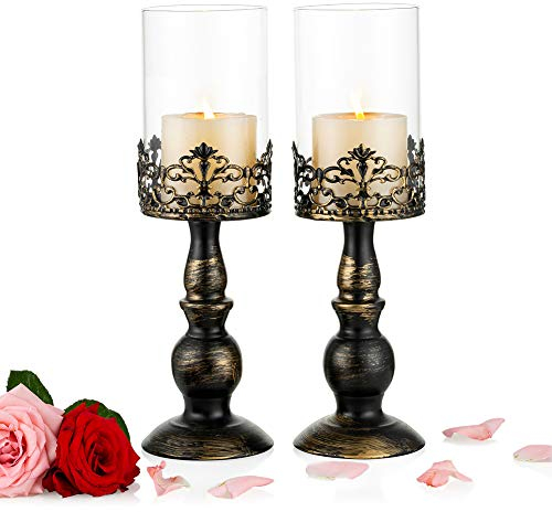 NUPTIO 2 Pcs Vintage Candle Holders for Tables, Black Pillar Candle Holder with Glass Cover, Antique Hurricane Candlestick Display for Home Wedding Christmas Party Candlelight Dinner Decoration