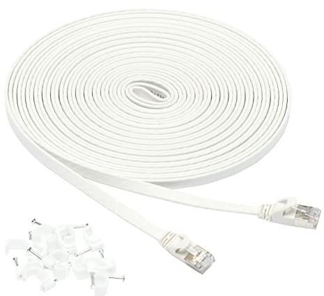 Amazon Basics Cable de red Gigabit Ethernet RJ45 Cat-7 plano, 9.1 m, Blanco