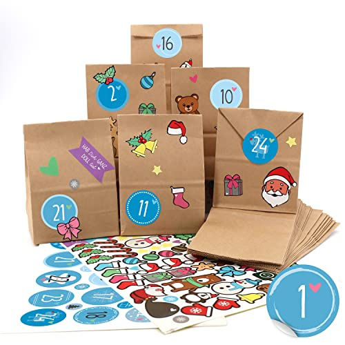OWLBOOK® Adventskalender zum Befüllen | Adventskalender 2025 Tüten | Weihnachtskalender zum befüllen | 24 Papiertüten mit Aufkleber | Geschenktüten zu Weihnachten