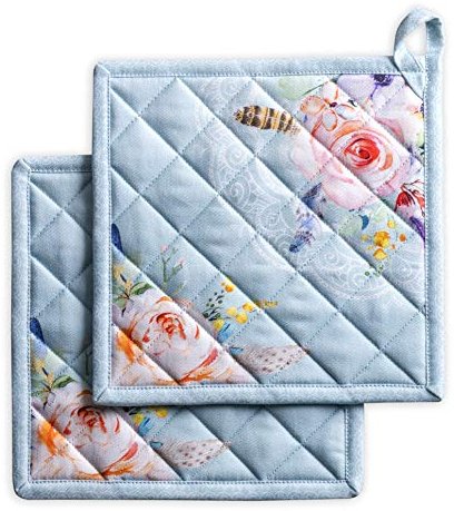 Maison d' Hermine Ibiza Set di 2 presine, 100% cotone, per barbecue, pentole, forno, microonde, grigliate, primavera/estate (Blue, 20cm x 20cm)