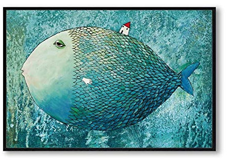 Abstrakter großer Fisch zurück kleines Haus Leinwand Kunst Gemälde Druck Poster Wandbild Schlafzimmer Wohnzimmer Wohnkultur 30x50cm rahmenlos