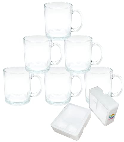MR.R 11oz Juego de 6 tazas de vidrio transparente en blanco para sublimación, tazas de agua de leche de cerveza de café con asa para impresión de transferencia de calor