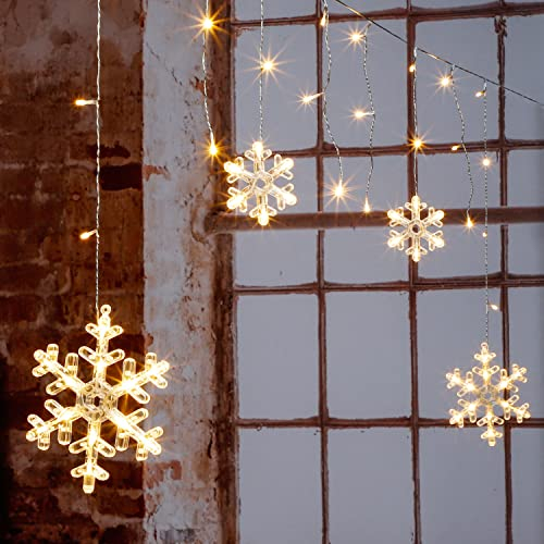 Spetebo LED Schneeflocken Lichtervorhang mit Timer Batterie betrieben - 210 cm - Lichterkette mit 60 LED in warm weiß - Schnee Flocke Weihnachtsdeko Fensterdeko für Außen