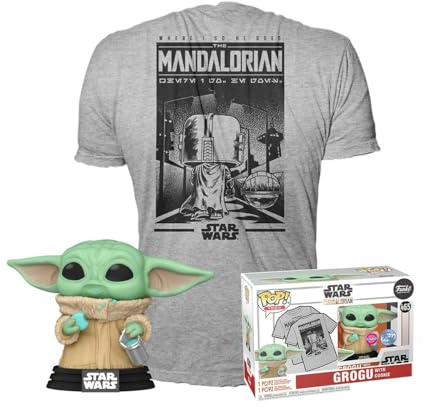 Funko Pop! & Tee: Mando - Grogu with Cookie (The Child, Baby Yoda) mit Cookie - Large - (L) - Star Wars The Mandalorian - T-Shirt - Kleidung mit Vinyl-Sammelfigur - Geschenkidee Für Erwachsene Männer
