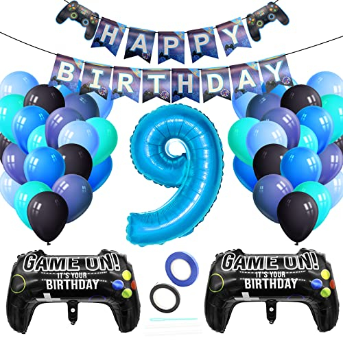 Luftballons Geburtstagsdeko Kinder 9 Jahre, Techextra Videospiel Game Party Geburtstag Dekoration Zubehör Set mit Happy Birthday Banner für 9. Jahr Jungen Ballon Geburstag Deko Junge