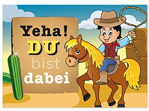 8 Einladungskarten Kindergeburtstag mit Umschlägen, Cowboy Pferd, Karte Geburtstag Einladung zum Ausfüllen
