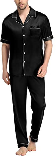 SWOMOG Men's Silk Satin Pyjama Set Short Sleeve Button Down Shirt with Long Pants Silky Pjs Notch Collar Loungewear Black