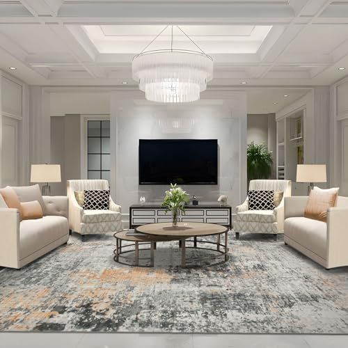 TALETA Teppich Wohnzimmer, waschbarer Teppich-Kurzflor, Moderner Teppich für Schlafzimmer, Küche, Esszimmer, Grauer Teppich mit schwarz-goldenem Muster, Groß: 190x280cm