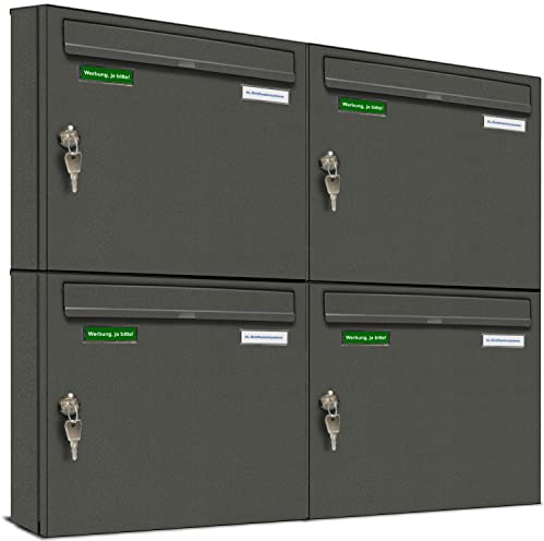 AL Briefkastensysteme Basic 4er Briefkasten DB 703 Eisenglimmer Grau 4 Fach DIN A4 wetterfest Briefkastenanlage mit Posthaltebügel und 2 Namensschildern