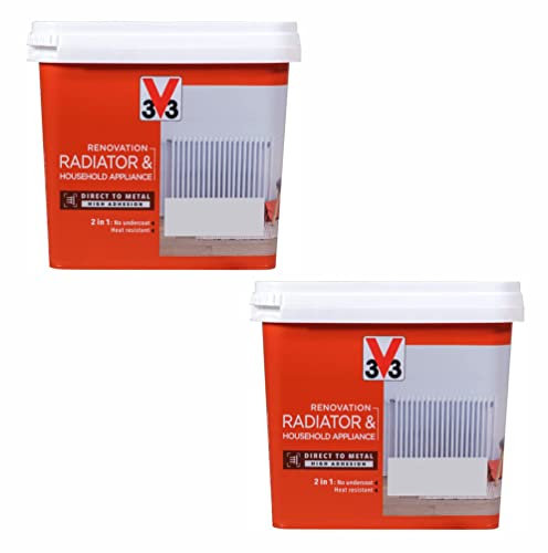 2 x V33 Renovation Radiator & Household Appliance Paint | Direct to Metal, High Adhesion | Easy Maintenance | 2 in 1: No Undercoat, Heat Resistant | White Satin | 750ml x 2 = 1.5L
