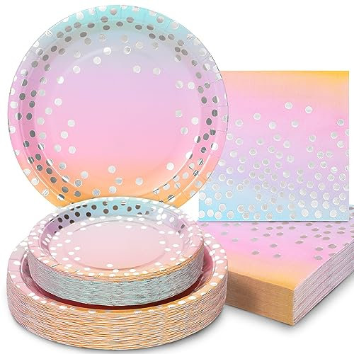 Boocikey 150PCS Pastel Party Decorations, Rainbow Plates and Napkins Disposable Serve 50 Guests, Pastel Paper Plates Rainbow for Girls Birthday Wedding