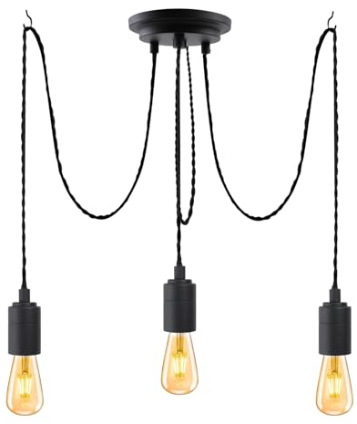 SHINY STAR 3flammige Schwarze Industrie Pendelleuchte,Mehrere Spinnen Deckenpendelleuchten Kronleuchter mit Verstellbarem 3m Gedrehtem,Geflochtenem Kabel,E27 Lampenfassung-82302BLK3