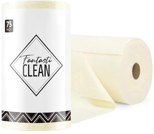 Fantasticlean Microfiber Cleaning Cloth Roll -75 Pack, Tear Away Towels, 12 x 12, Reusable Washable Rags (Beige)