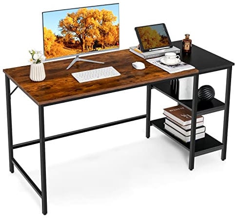 COSTWAY Bureau d'Ordinateur avec Étagères de Rangement, Table Informatique avec Panneau d'Épissure, Cadre en Acier, Style Industriel, pour Domicile, Bureau, 140 X 60 X 74 cm, Marron Rustique