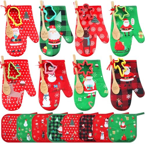 Suclain 32 Pcs Christmas Oven Mitts Pot Holders Baking Gift Set Pack Holiday Baking Cookie Cutters Wooden Spoons Kitchen Xmas Supplies for Friends Coworker Family Cooking Lover Presents