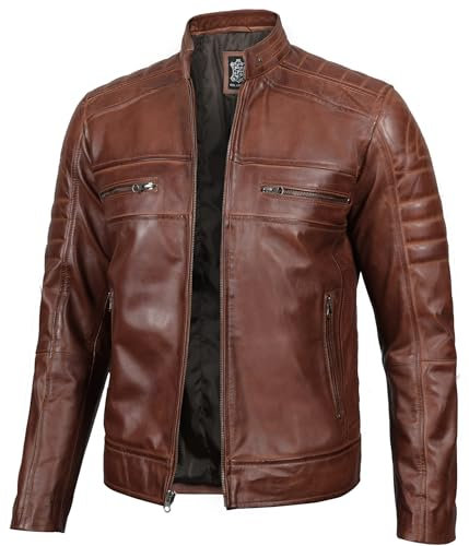Blingsoul Echtes Lammfell Herren Lederjacken - Cafe Racer Style Premium Lederjacke Herren, Cafe Racer - Braune Jacke, XXL