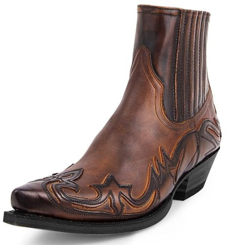 DJFOG Herren Western Stiefeletten Schnallenriemen Stiefel Retro Leder Square Toe Cowboy Kurze Stiefel Cowboy Motorradstiefel,Braun,47 EU