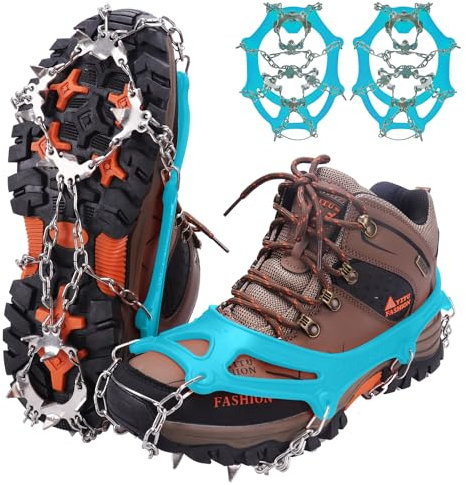 WIN.MAX Steigeisen Grödel Eisspikes, Schuhkrallen mit19 Edelstahl Zähne Spikes Schuhkrallen Grödeln Eisspikes für Klettern Bergsteigen Trekking High Altitude Winter Outdoor (Blaugrün, M)